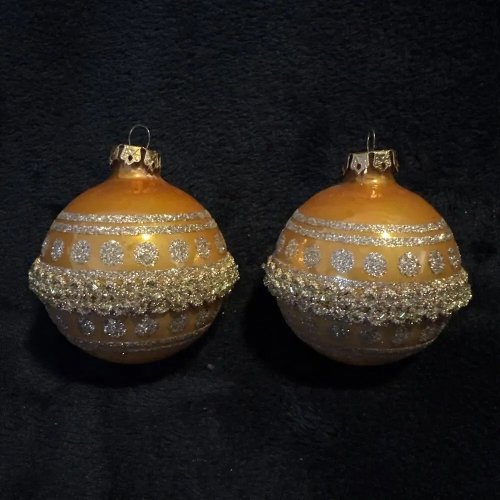 2 Vintage 50s Shiny Brite Gold Glitter Circles Ribbon Christmas Ornaments